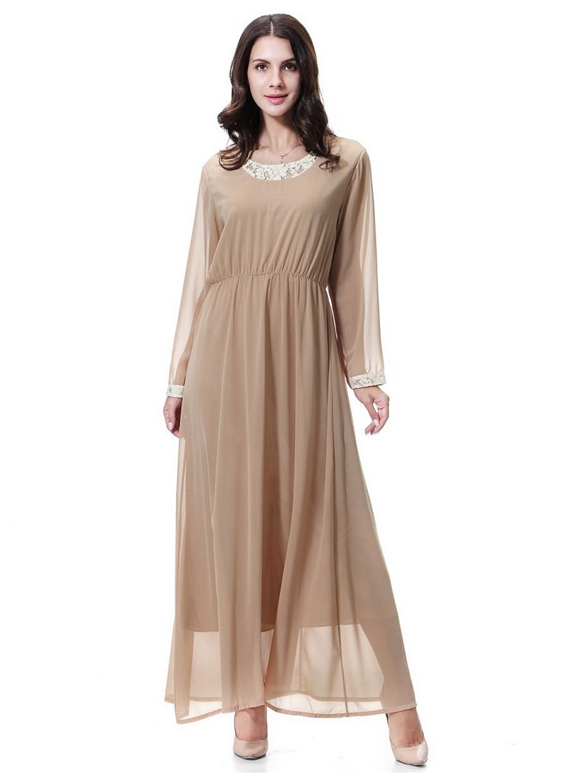 Loquat - Women's  Long Sleeve Maxi Long Chiffon Dress Robe Camel - Image 1