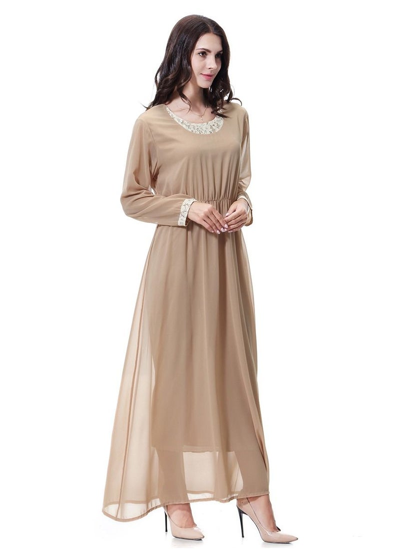 Loquat - Women's  Long Sleeve Maxi Long Chiffon Dress Robe Camel - Image 1