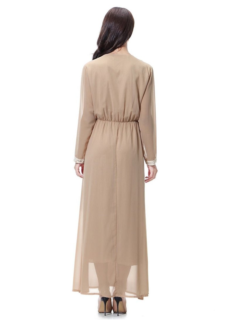 Loquat - Women's  Long Sleeve Maxi Long Chiffon Dress Robe Camel - Image 1