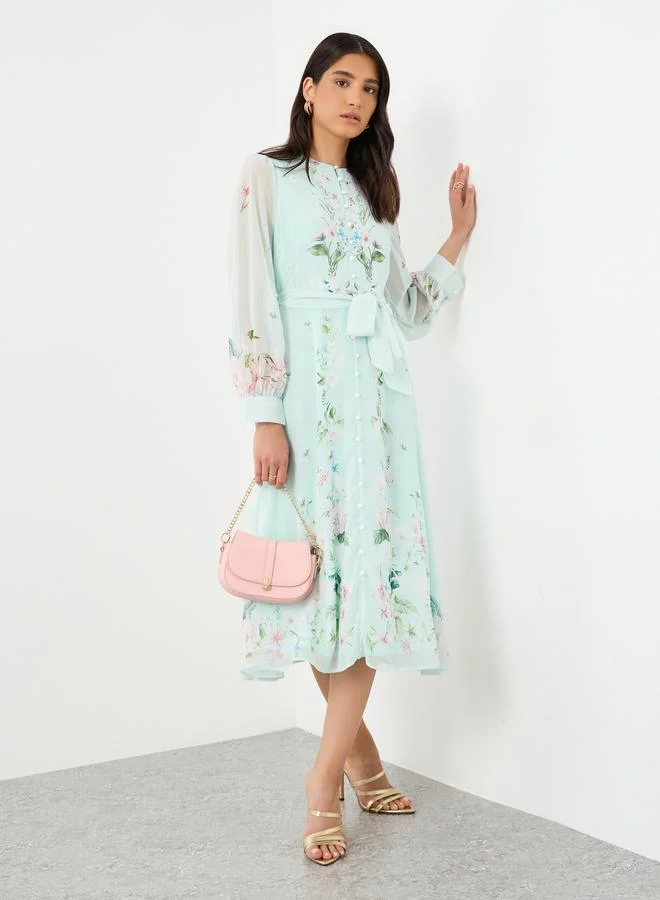 Styli Styli Floral Print Midi Dress with Tie-Belt