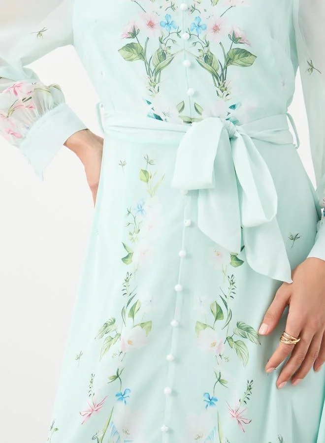 Styli Styli Floral Print Midi Dress with Tie-Belt