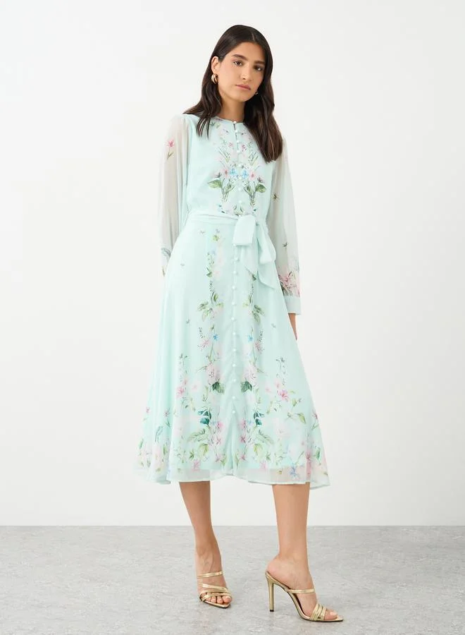 Styli Styli Floral Print Midi Dress with Tie-Belt