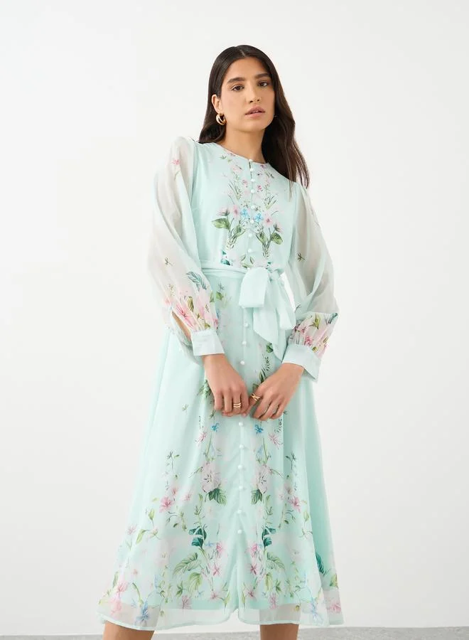 Styli Styli Floral Print Midi Dress with Tie-Belt