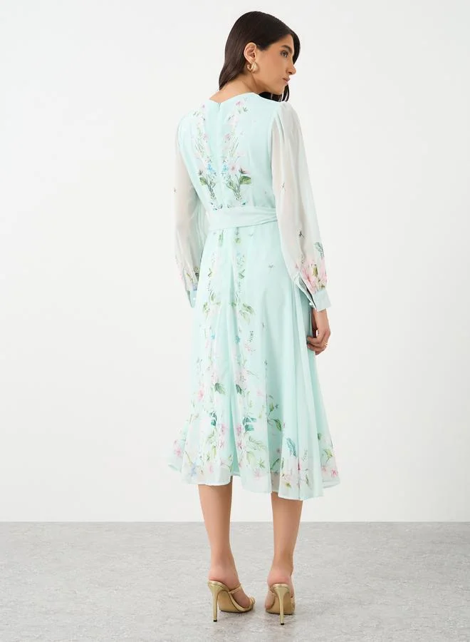 Styli Styli Floral Print Midi Dress with Tie-Belt