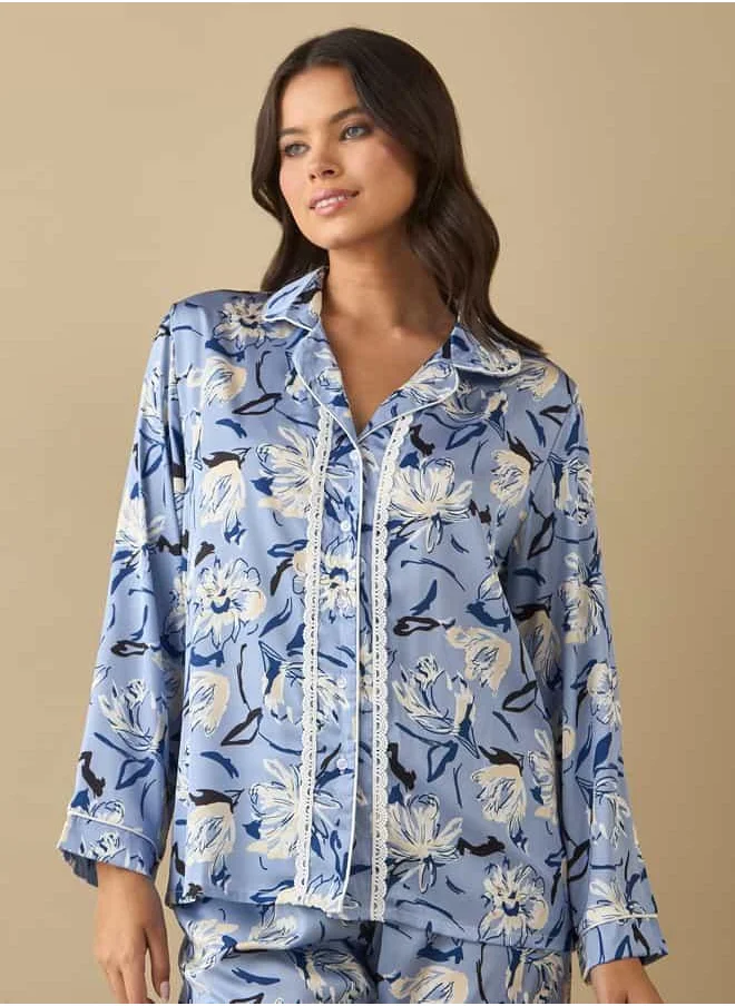 فاف All-Over Floral Print Laced Long Sleeve Shirt and Elasticated Pyjama Set