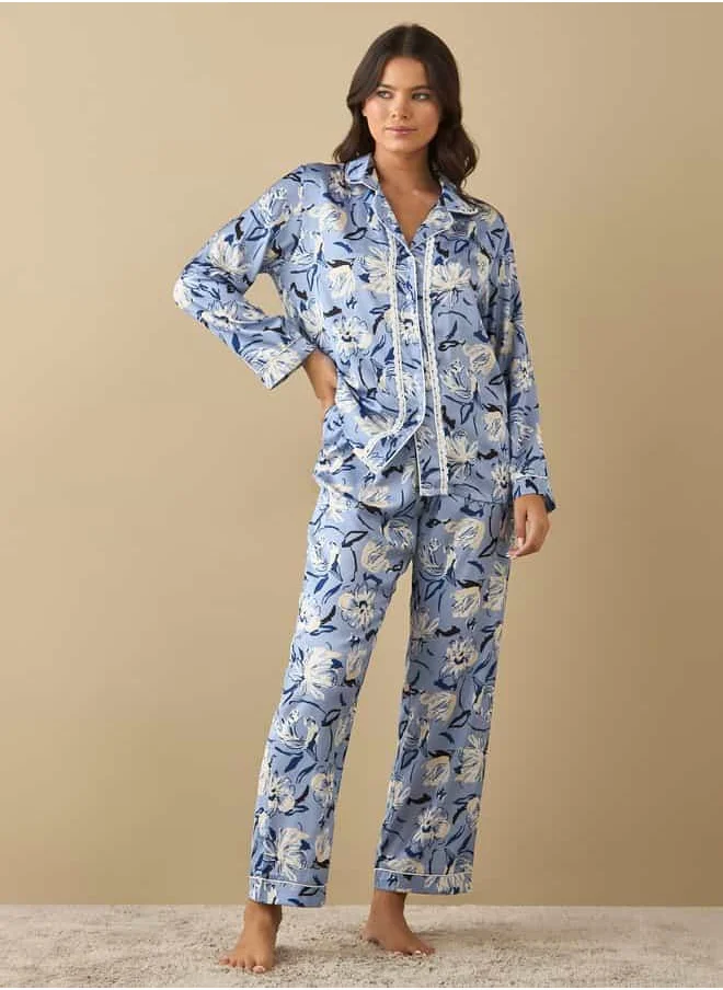 فاف All-Over Floral Print Laced Long Sleeve Shirt and Elasticated Pyjama Set