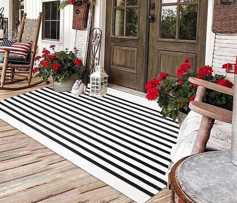 BUAGETUP 3'x5' Striped outdoor Rug Hand-Woven Cotton Washable Rug Black and White Outdoor Rug Front Porch Rug Machine Washable Indoor/Outdoor Area Rug Floor Mat for Farmhouse/Layered Door Mats/Living Room - Image 1