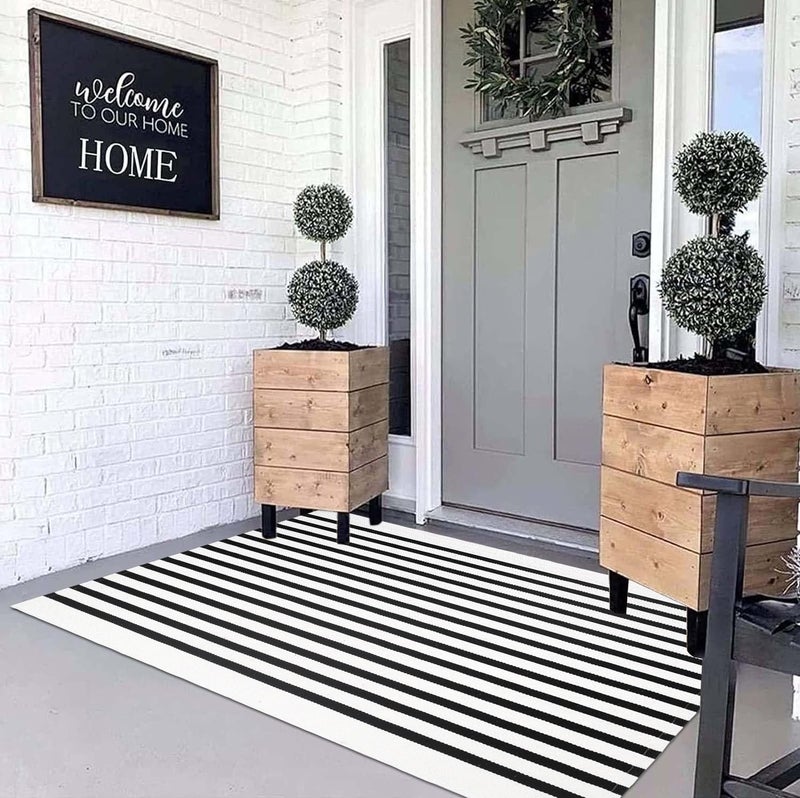 BUAGETUP 3'x5' Striped outdoor Rug Hand-Woven Cotton Washable Rug Black and White Outdoor Rug Front Porch Rug Machine Washable Indoor/Outdoor Area Rug Floor Mat for Farmhouse/Layered Door Mats/Living Room - Image 4