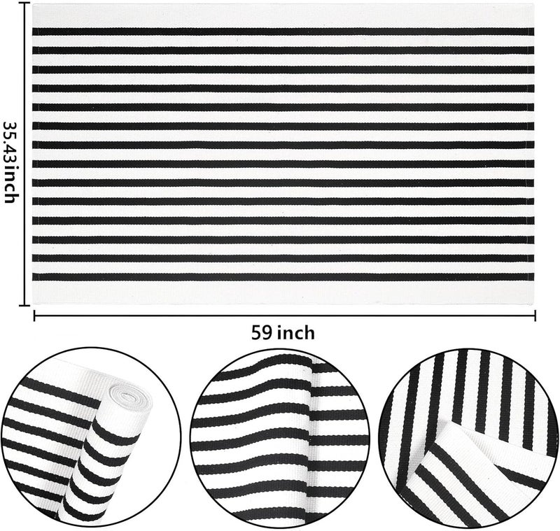 BUAGETUP 3'x5' Striped outdoor Rug Hand-Woven Cotton Washable Rug Black and White Outdoor Rug Front Porch Rug Machine Washable Indoor/Outdoor Area Rug Floor Mat for Farmhouse/Layered Door Mats/Living Room - Image 2