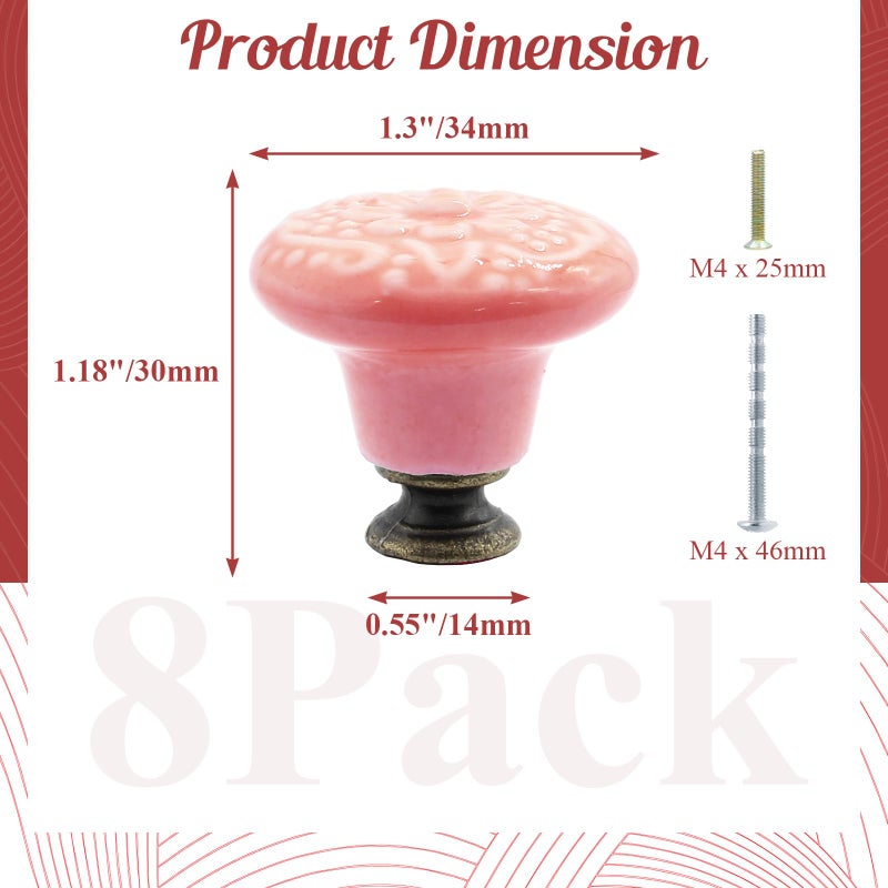 Suiwotin 8Pcs Pink Ceramic Knobs  Vintage Kitchen Cabinet Knobs Pulls  Retro Ceramic Dresser Knobs  Decorative Drawer Pull Knob Handles For Closet  Cupboard  Furniture Door Knobs - Image 2
