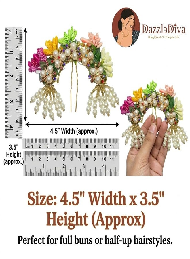 DazzleDiva Traditional Bridal Juda Pin – Multi-Color Floral Hair Accessory with White Pearls & Stone Work – Ethnic Ambada Hair Jewelry for Weddings, Bharatanatyam, & Festive Buns – Handcrafted Bun Decor - Image 2