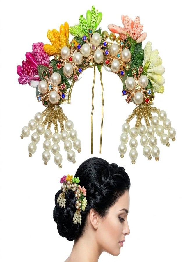 DazzleDiva Traditional Bridal Juda Pin – Multi-Color Floral Hair Accessory with White Pearls & Stone Work – Ethnic Ambada Hair Jewelry for Weddings, Bharatanatyam, & Festive Buns – Handcrafted Bun Decor - Image 1