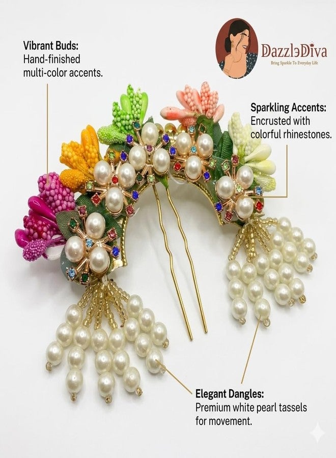 DazzleDiva Traditional Bridal Juda Pin – Multi-Color Floral Hair Accessory with White Pearls & Stone Work – Ethnic Ambada Hair Jewelry for Weddings, Bharatanatyam, & Festive Buns – Handcrafted Bun Decor - Image 3