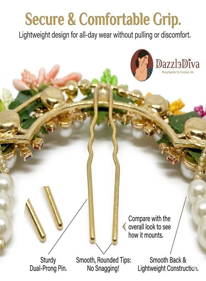 DazzleDiva Traditional Bridal Juda Pin – Multi-Color Floral Hair Accessory with White Pearls & Stone Work – Ethnic Ambada Hair Jewelry for Weddings, Bharatanatyam, & Festive Buns – Handcrafted Bun Decor - Image 4