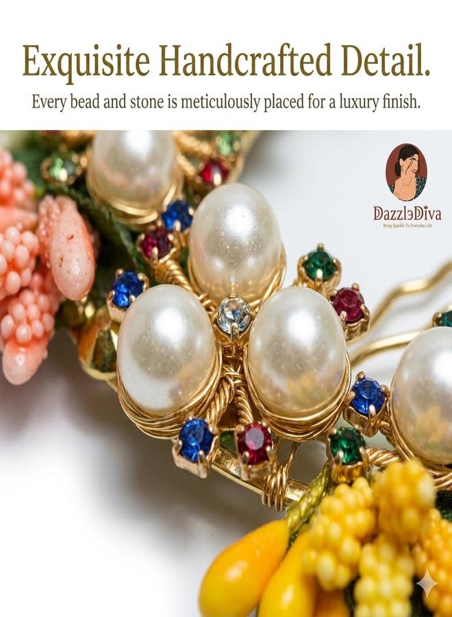 DazzleDiva Traditional Bridal Juda Pin – Multi-Color Floral Hair Accessory with White Pearls & Stone Work – Ethnic Ambada Hair Jewelry for Weddings, Bharatanatyam, & Festive Buns – Handcrafted Bun Decor - Image 5