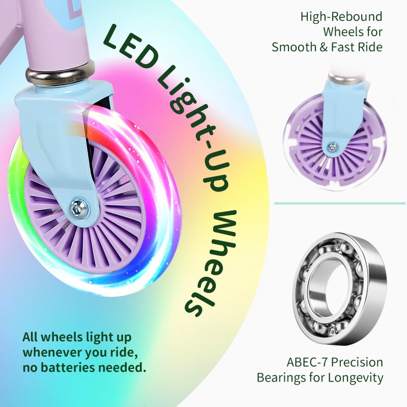 BELEEV سكوترات BELEEV للأطفال من عمر 3-12 مع عجلات مضيئة وعمود وسطح، سكوتر قابل للطي بعجلتين للفتيات والفتيان، 3 ارتفاعات قابلة للتعديل، سطح بنمط غير قابل للانزلاق، سكوتر للأطفال (بنفسجي) - Image 2