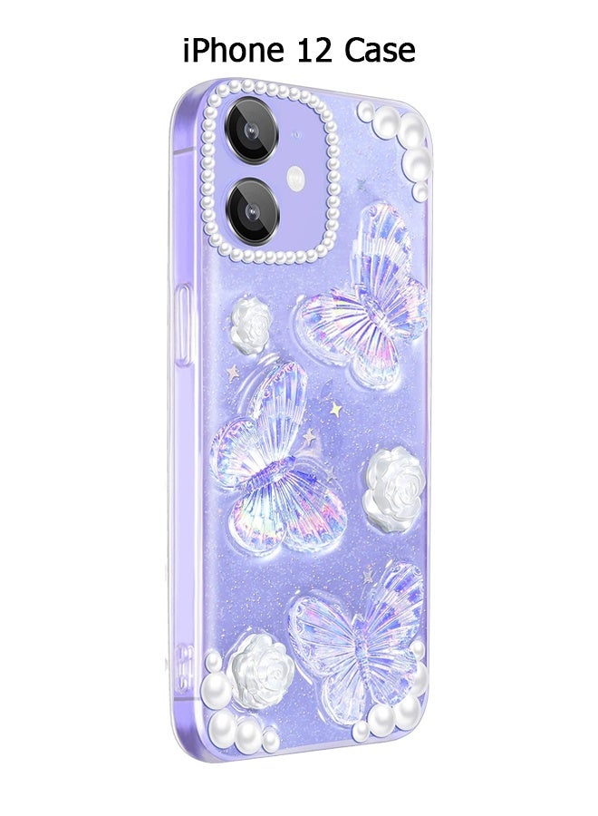 دبليو أف أف أو متوافق مع جراب آيفون 12 - جراب هاتف 3D Butterfly Rose Flower Shiny Girl - حافظة هاتف شفافة - مع جراب هاتف Fra Floral لامع Aesthetic Rose - حماية من السقوط TPU - Crystal Butterfly - Image 1