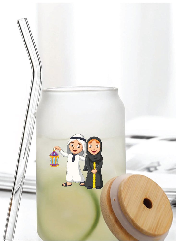 PRINTSHOP4ME Ramadan Kareem and Eid Mubarak Gift - Glass Bottle with Straw & Bamboo Lid 455 ml - Ramadan gift for all Islamic  - Image 4