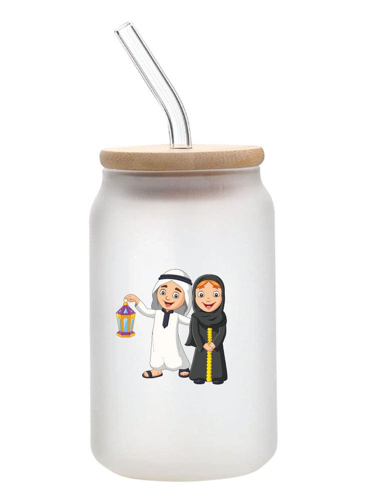 PRINTSHOP4ME Ramadan Kareem and Eid Mubarak Gift - Glass Bottle with Straw & Bamboo Lid 455 ml - Ramadan gift for all Islamic  - Image 1
