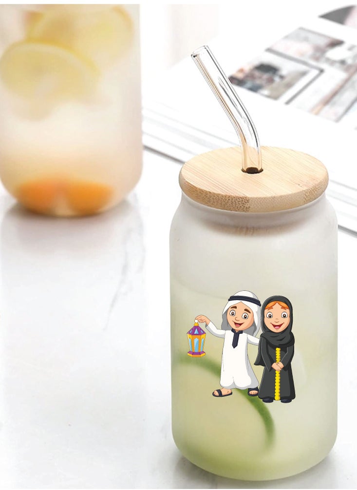 PRINTSHOP4ME Ramadan Kareem and Eid Mubarak Gift - Glass Bottle with Straw & Bamboo Lid 455 ml - Ramadan gift for all Islamic  - Image 2