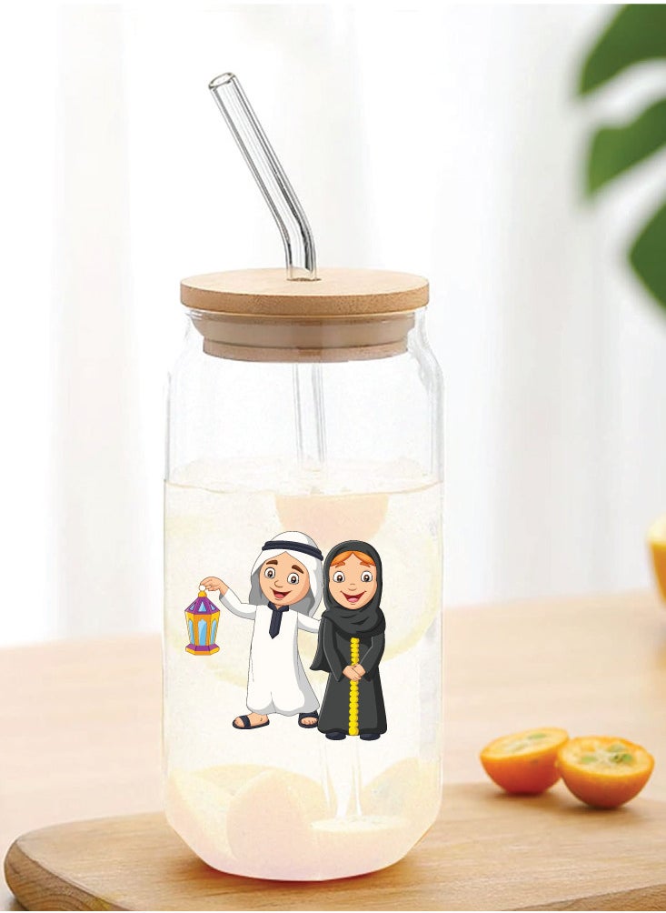 PRINTSHOP4ME Ramadan Kareem and Eid Mubarak Gift - Glass Bottle with Straw & Bamboo Lid 455 ml - Ramadan gift for all Islamic  - Image 3