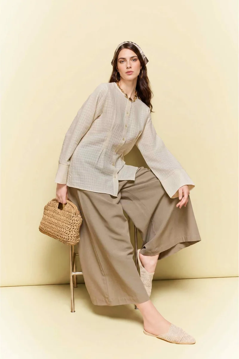 ديفاكتو Regular Fit Crinkle Fabric Long Sleeve Tunic