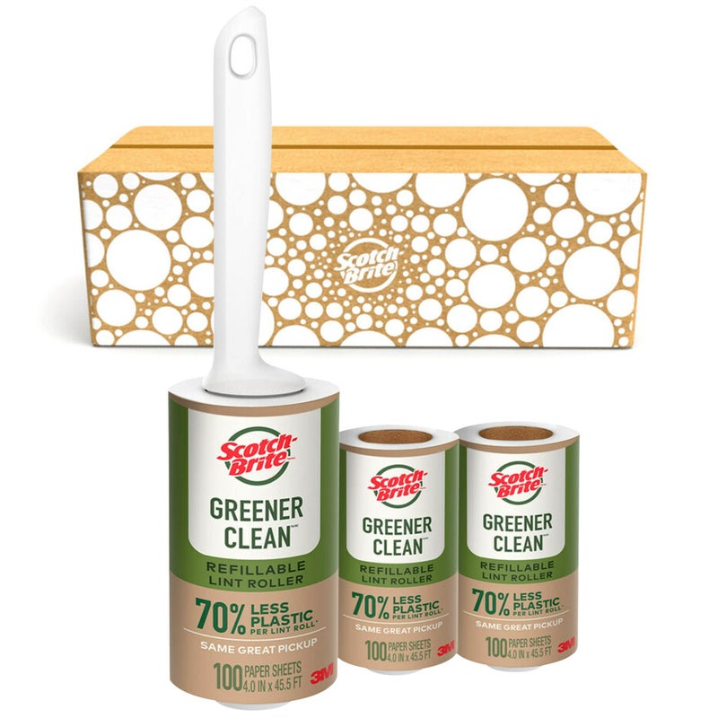 Scotch Brite Scotch-Brite Greener Clean Lint Roller, Reusable Lint Rollers for Clothes, Furniture, and Pet Hair, Tidy Up Fabrics with a More Sustainable Fuzz Remover, 1 Roller, 2 Refills - Image 1