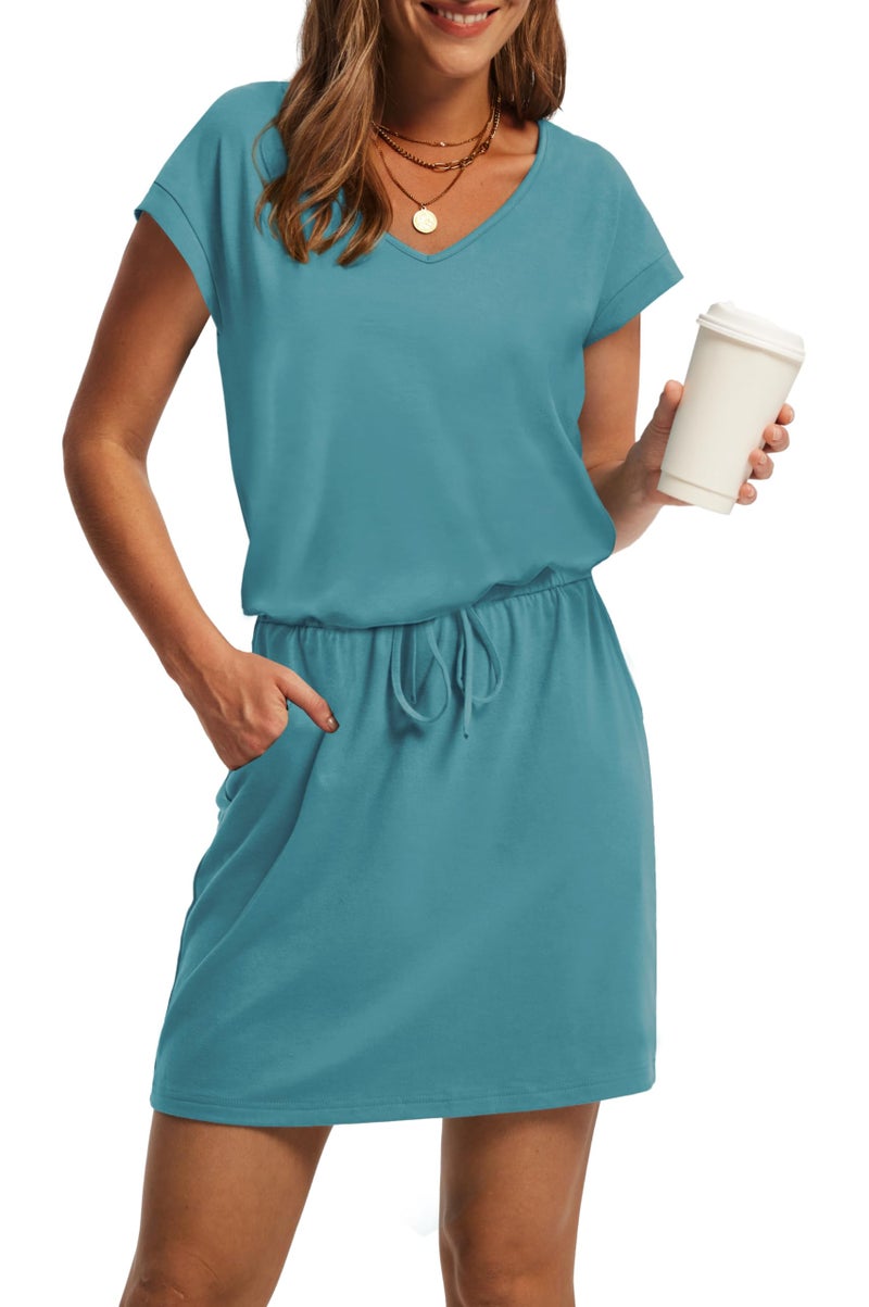 OFEEFAN Dresses for Women Summer Casual V Neck Short Sleeve T Shirts Dress Sundresses with Pockets Beach Vacation Essentials Blue L - Image 1