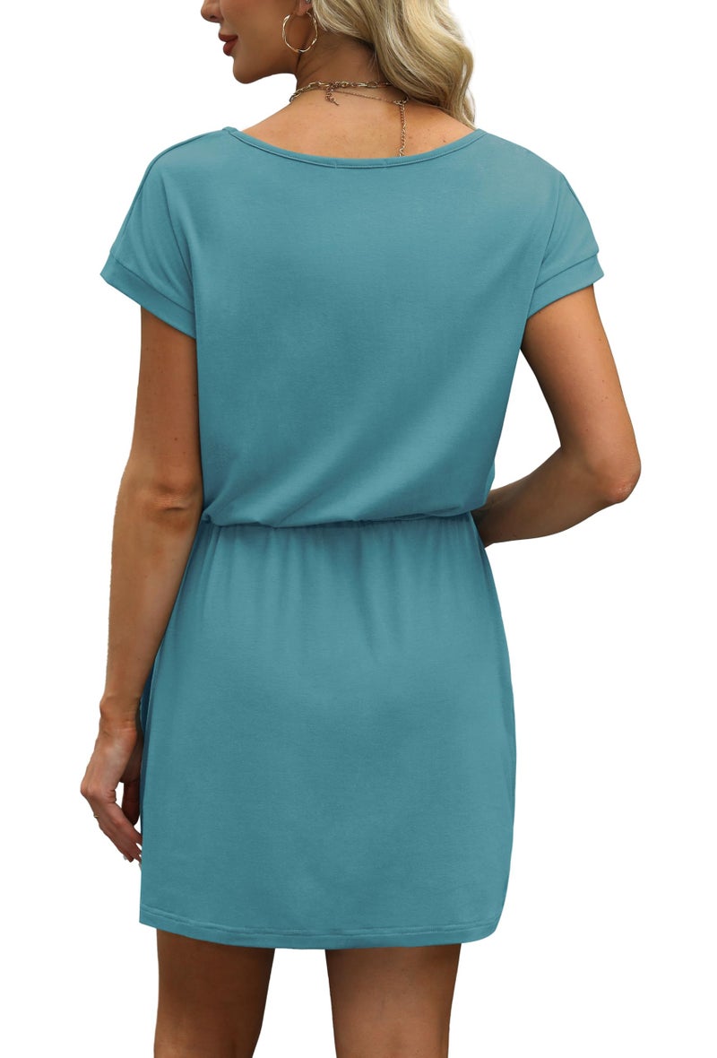 OFEEFAN Dresses for Women Summer Casual V Neck Short Sleeve T Shirts Dress Sundresses with Pockets Beach Vacation Essentials Blue L - Image 5