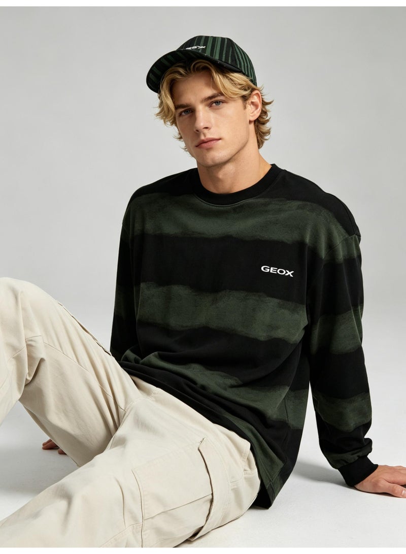 GEOX Unisex Crew Neck Long Sleeve Sweatshirt Casual Striped Daily Wear Top Black‑Olive Green - Image 4