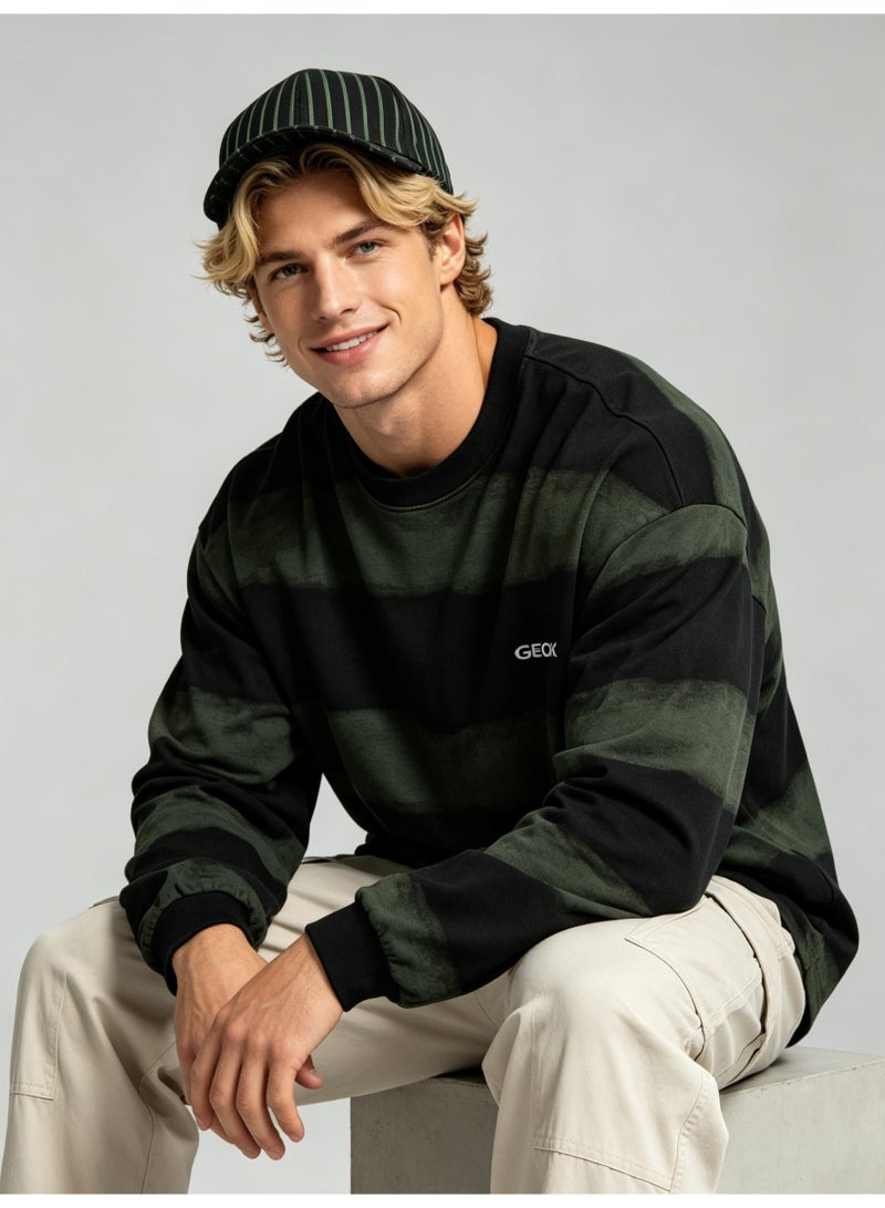 GEOX Unisex Crew Neck Long Sleeve Sweatshirt Casual Striped Daily Wear Top Black‑Olive Green - Image 3