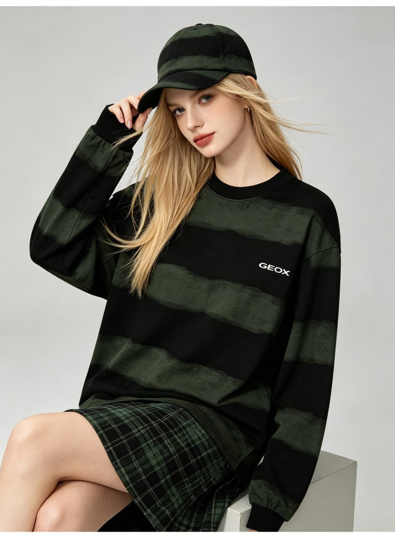GEOX Unisex Crew Neck Long Sleeve Sweatshirt Casual Striped Daily Wear Top Black‑Olive Green - Image 2