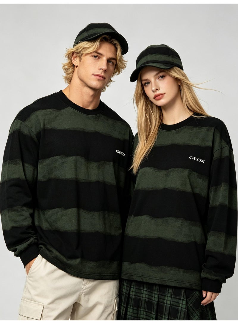 GEOX Unisex Crew Neck Long Sleeve Sweatshirt Casual Striped Daily Wear Top Black‑Olive Green - Image 5