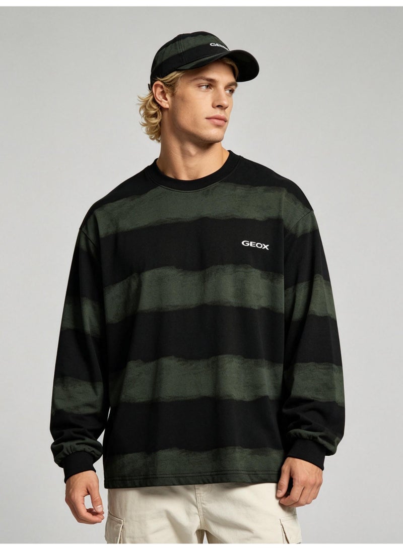 GEOX Unisex Crew Neck Long Sleeve Sweatshirt Casual Striped Daily Wear Top Black‑Olive Green - Image 1