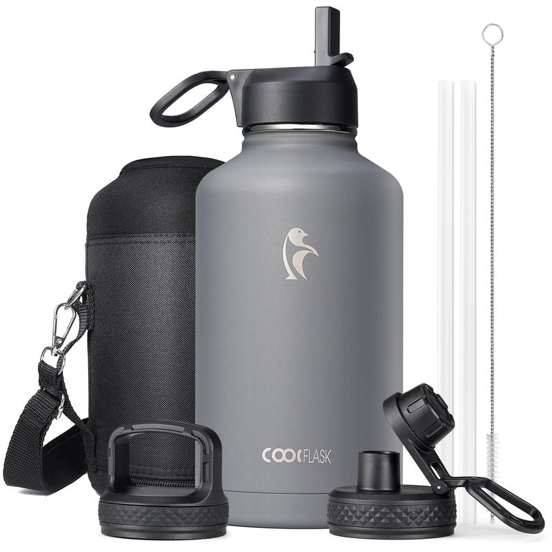 64 oz Insulated Water Bottle with Straw  3 Lids Coolflask Half Gallon Water Jug Large Metal Stainless Steel Wide Mouth for Sports Gym or Office NonBPA Keep Cold 48H Hot 24H Knight Grey