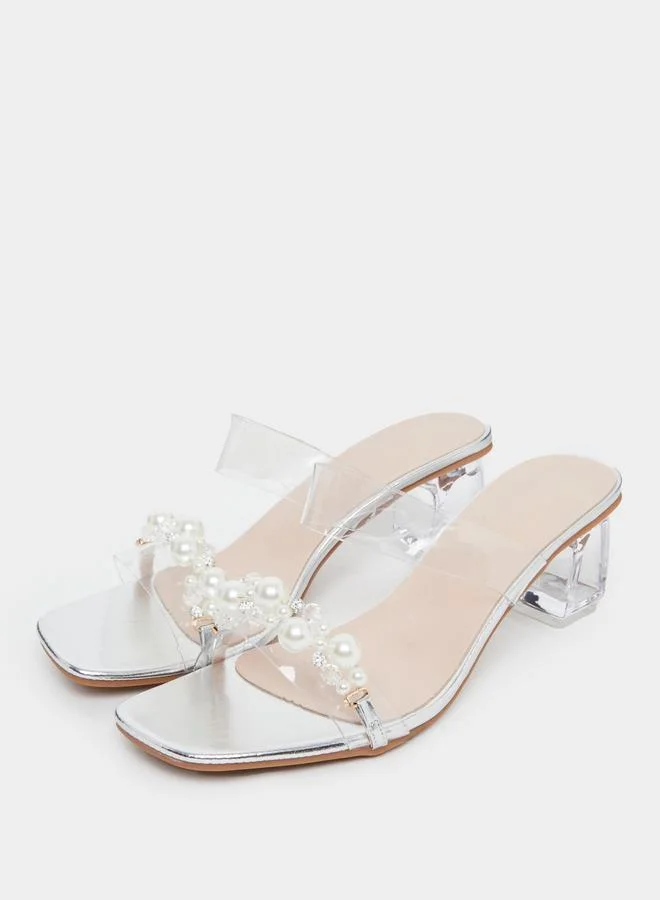 تايك تو Take Two Transparent Strap Faux Pearl Block Heel Sandals