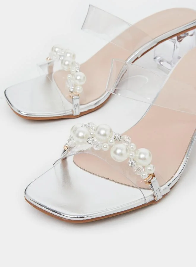 Take Two Take Two Transparent Strap Faux Pearl Block Heel Sandals