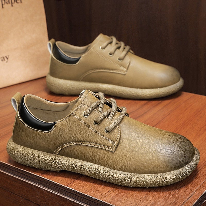 Men'S Comfortable New Lace-Up Simple And Fashionable Round-Toe Low-Cut Formal Work Casual Leather Shoes Thick-Soled Shiny Leather Shoes - Image 1
