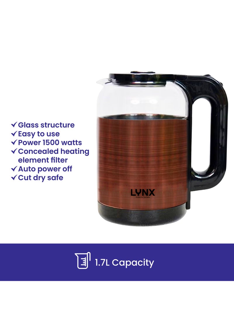 Premium Design Glass Body Electric Kettle, 1.7L Capacity, 1500W Power for Quick Boiling, Concealed Heating Element, Auto Shut-Off, Indicator Light, High-Quality Stainless Steel and Heat-Resistant Glass, Easy Water Level Monitoring, KT-2102
