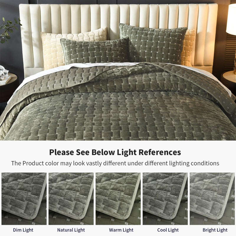 Grassix Velvet Quilt Set King Size, 3 Pieces Lightweight Velvet Comforter with Pillow Shams, Geometric Quilted Bedspread Coverlet Bedding Set for All Seasons, Olive Green, 108"x96" - Image 5