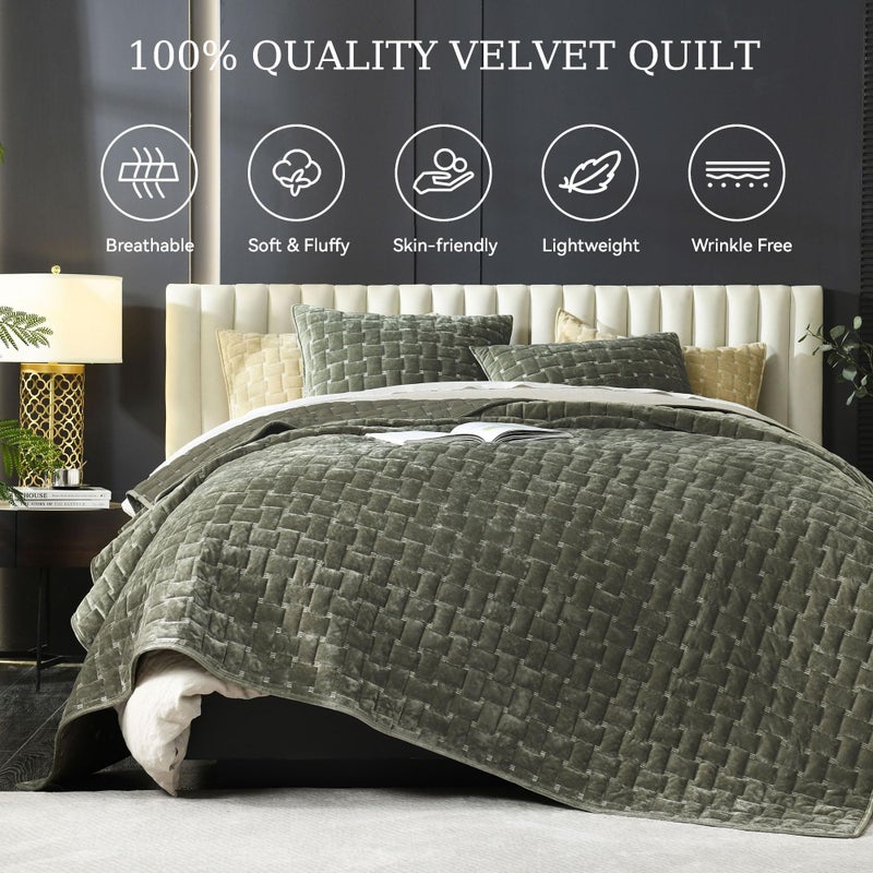 Grassix Velvet Quilt Set King Size, 3 Pieces Lightweight Velvet Comforter with Pillow Shams, Geometric Quilted Bedspread Coverlet Bedding Set for All Seasons, Olive Green, 108"x96" - Image 2