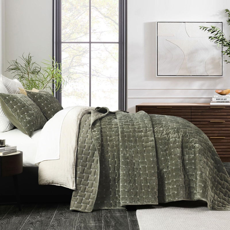 Grassix Velvet Quilt Set King Size, 3 Pieces Lightweight Velvet Comforter with Pillow Shams, Geometric Quilted Bedspread Coverlet Bedding Set for All Seasons, Olive Green, 108"x96" - Image 1