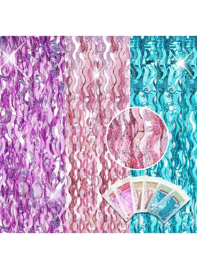 Jutom 6 Pieces Foil Fringe Backdrop Party Fringe Curtain 3.3 x 6.6 Ft Streamer Backdrop for Christmas Decor Ocean Sea Mermaid Birthday Wedding Party Decoration (Light Purple, Light Pink, Blue Green) - Image 1