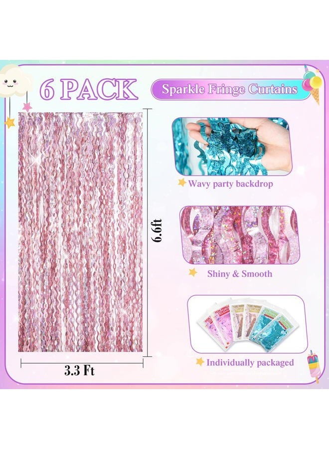 Jutom 6 Pieces Foil Fringe Backdrop Party Fringe Curtain 3.3 x 6.6 Ft Streamer Backdrop for Christmas Decor Ocean Sea Mermaid Birthday Wedding Party Decoration (Light Purple, Light Pink, Blue Green) - Image 2