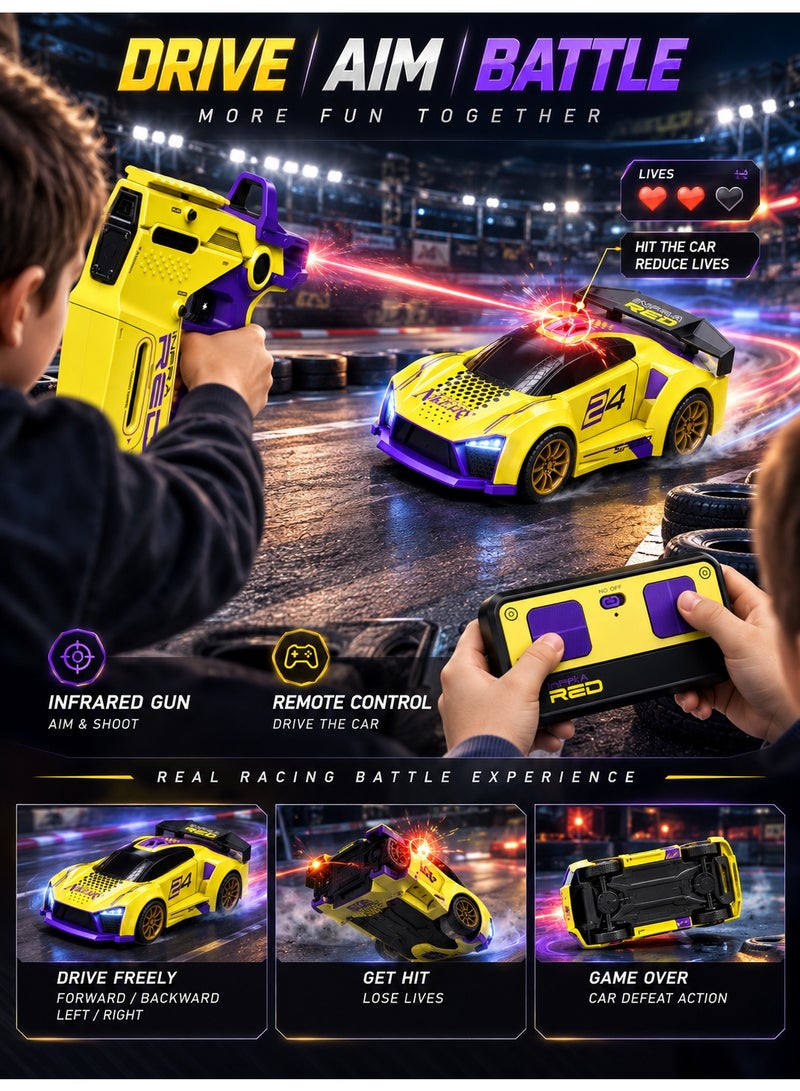 3-in-1 RC Racing Car with Infrared Battle Gun & 2.4GHz Remote Control, Rechargeable High-Speed Racing Toy with LED Lights, 2-Player Interactive Battle Game for Kids, Yellow & Purple, 6+ Years - Image 4