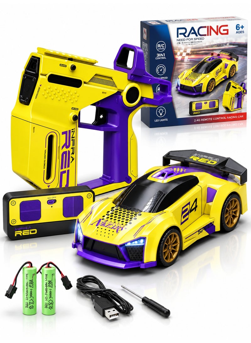 3-in-1 RC Racing Car with Infrared Battle Gun & 2.4GHz Remote Control, Rechargeable High-Speed Racing Toy with LED Lights, 2-Player Interactive Battle Game for Kids, Yellow & Purple, 6+ Years - Image 2