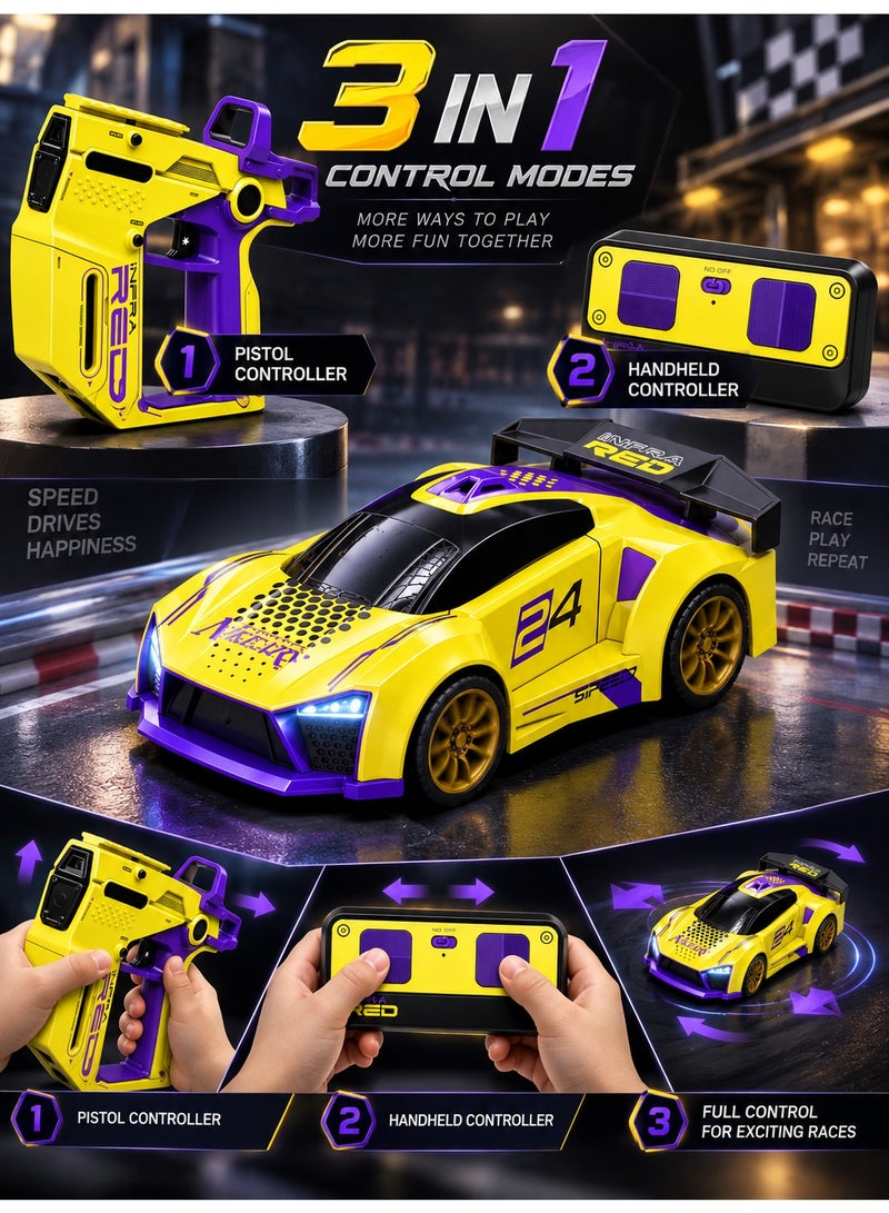 3-in-1 RC Racing Car with Infrared Battle Gun & 2.4GHz Remote Control, Rechargeable High-Speed Racing Toy with LED Lights, 2-Player Interactive Battle Game for Kids, Yellow & Purple, 6+ Years - Image 3