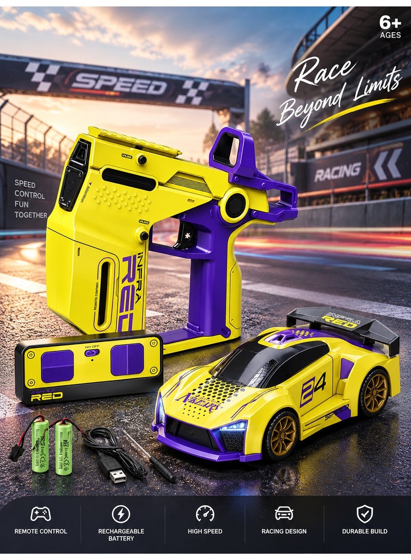 3-in-1 RC Racing Car with Infrared Battle Gun & 2.4GHz Remote Control, Rechargeable High-Speed Racing Toy with LED Lights, 2-Player Interactive Battle Game for Kids, Yellow & Purple, 6+ Years - Image 1