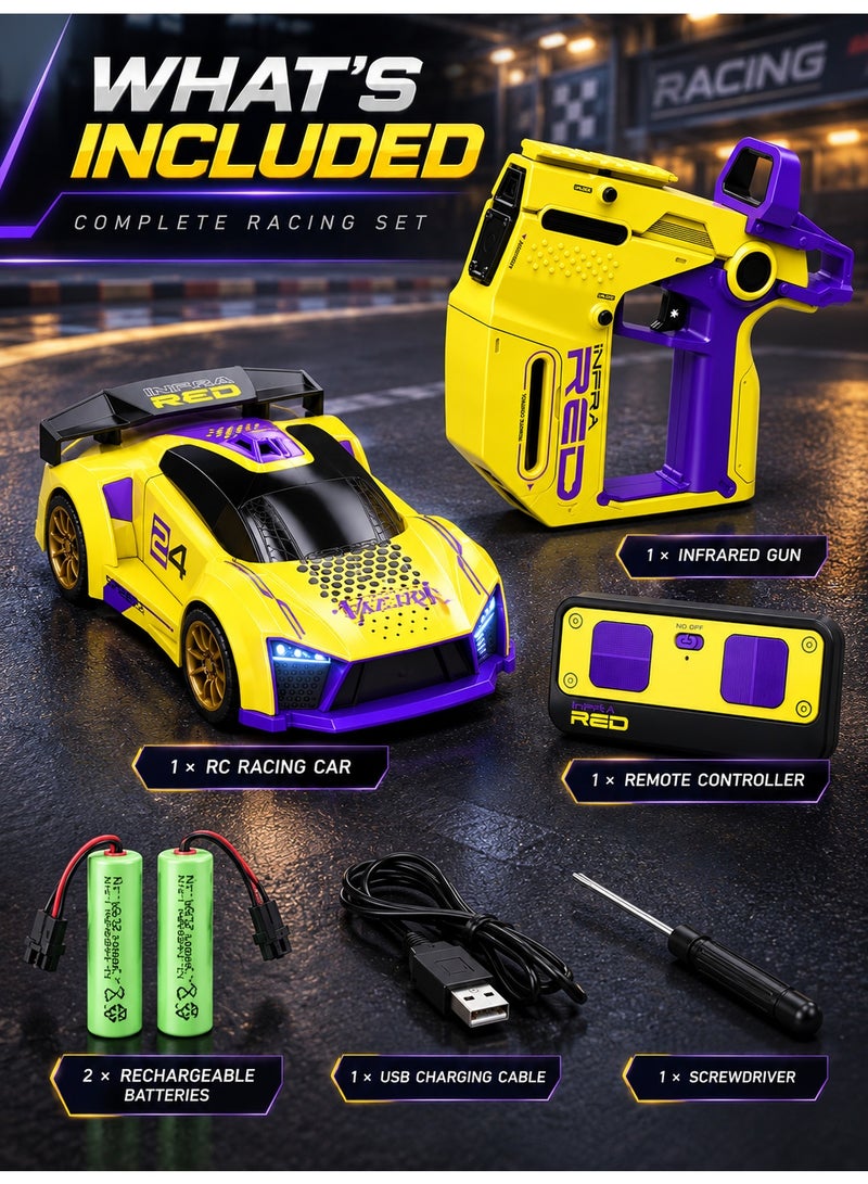 3-in-1 RC Racing Car with Infrared Battle Gun & 2.4GHz Remote Control, Rechargeable High-Speed Racing Toy with LED Lights, 2-Player Interactive Battle Game for Kids, Yellow & Purple, 6+ Years - Image 5