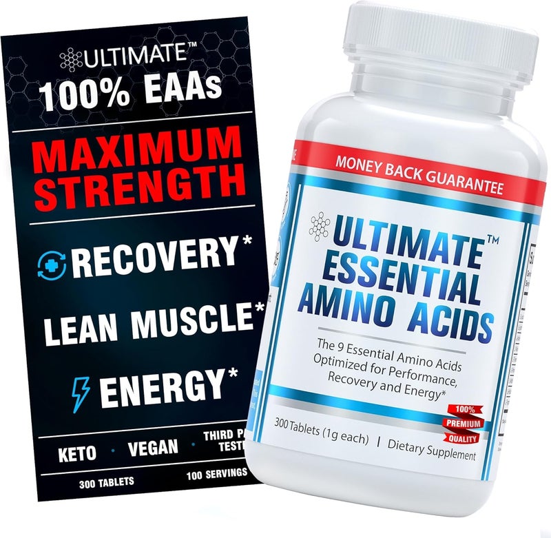 Ultimate 100 Essential Amino Acid Supplement  3rd Party Tested  300 EasytoSwallow 1g Coated Tablets  All 9 EAA with 40 Leucine in Optimized BCAA Ratio  Improve Fitness  Performance  NonGMO - Image 1